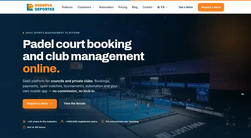 The ReservaDeportes homepage