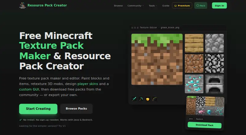 The Resource Pack Creator homepage
