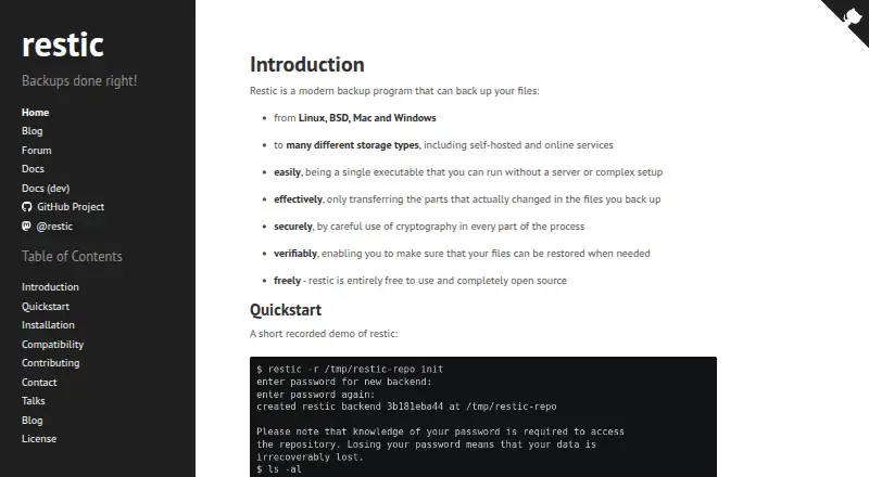 The restic homepage