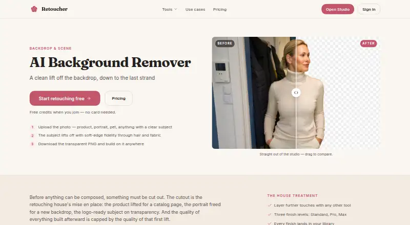 The Retoucher Background Remover homepage