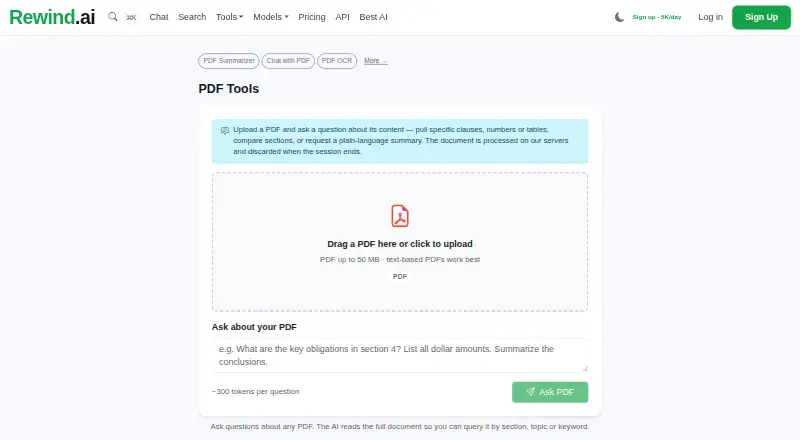 The Rewind PDF Tools homepage