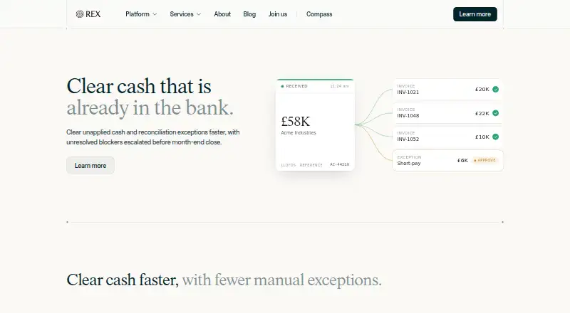 The Rex Cash Application homepage