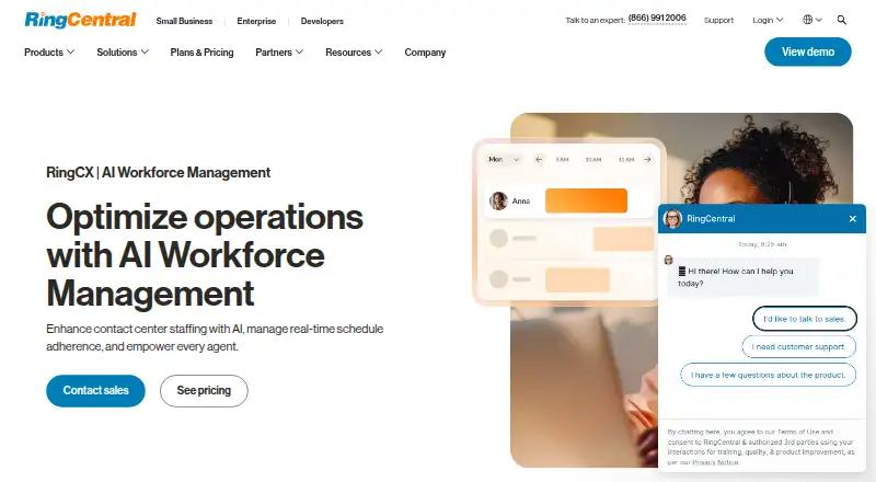 The RingCX AI Workforce Management homepage