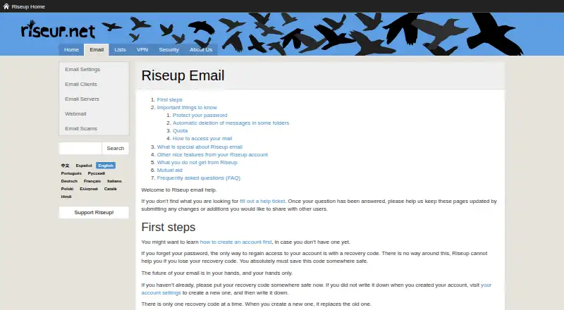The Riseup Email homepage