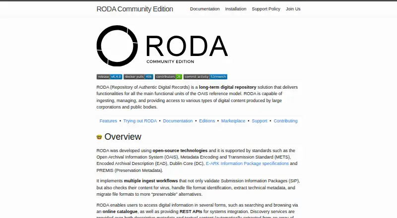The RODA homepage