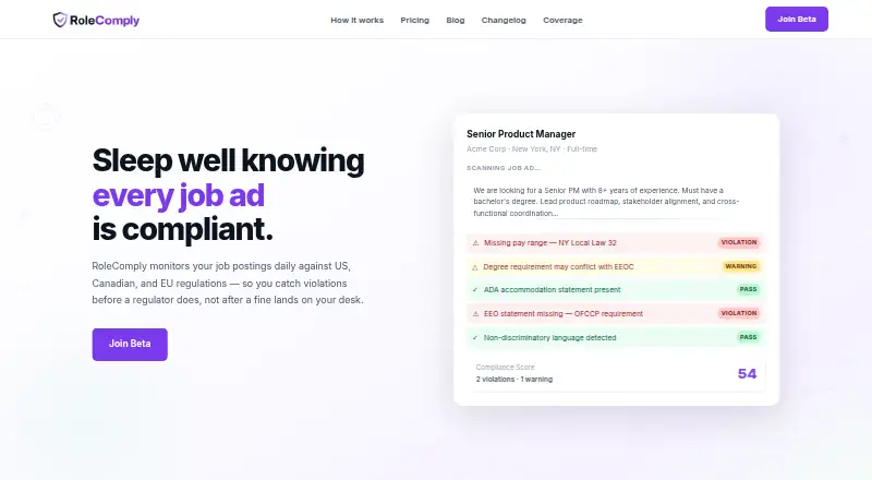 The RoleComply homepage