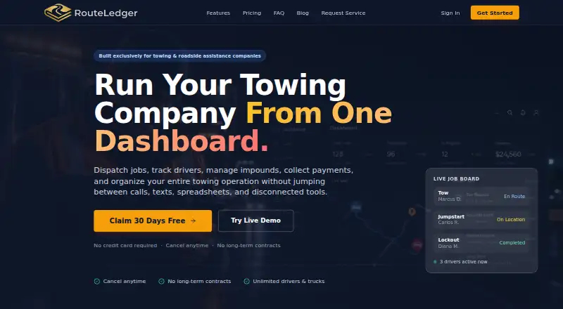 The RouteLedger homepage