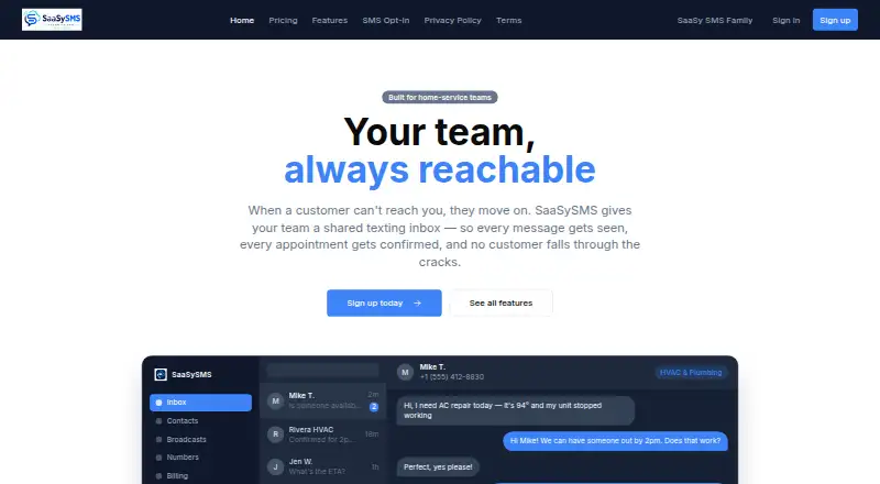 The SaaSySMS homepage