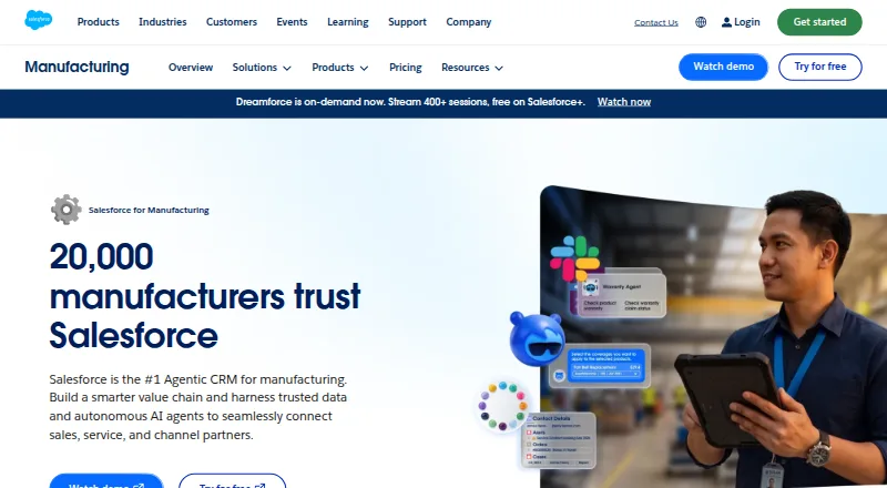 The Salesforce Manufacturing Cloud homepage