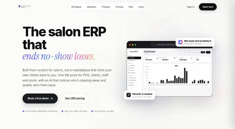 The VantaReach Salon ERP homepage