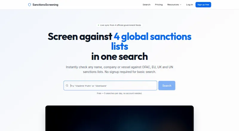 The SanctionsScreening.io homepage