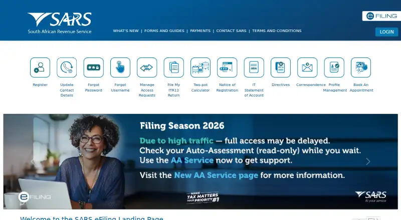 The SARS eFiling homepage