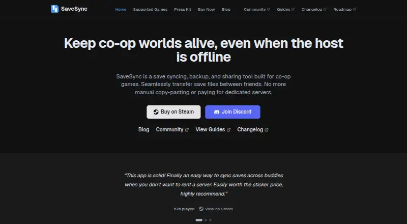 The SaveSync homepage