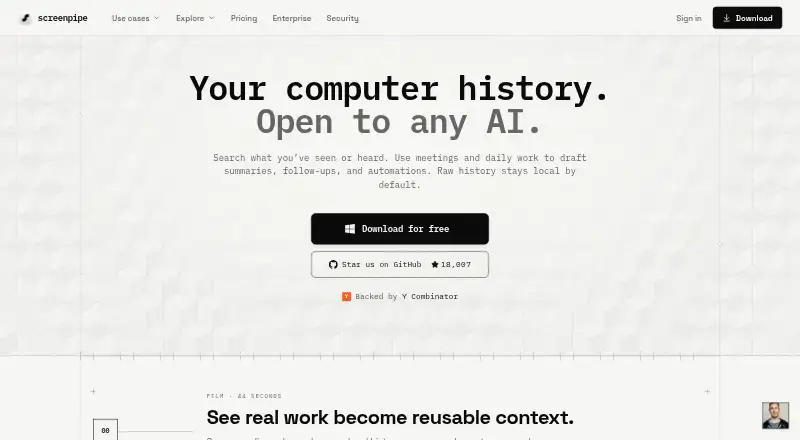 The screenpipe homepage