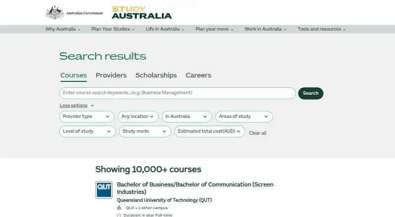 The Study Australia Course Search homepage