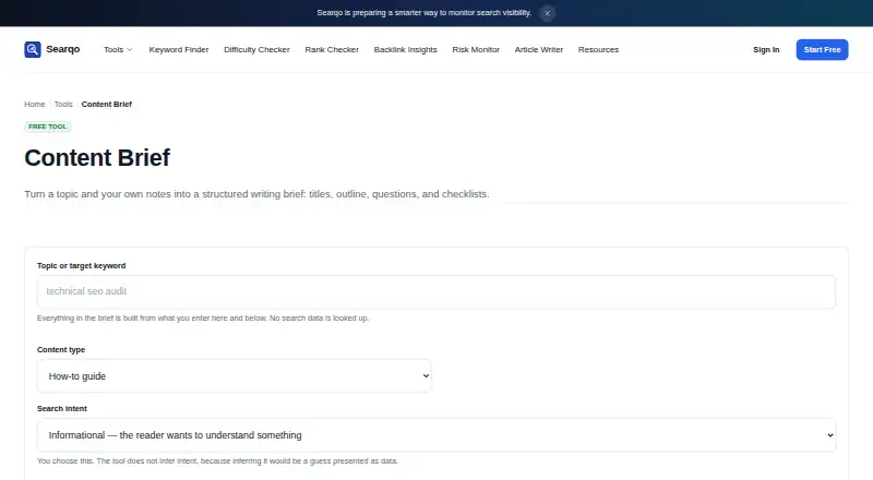 The Searqo Content Brief homepage