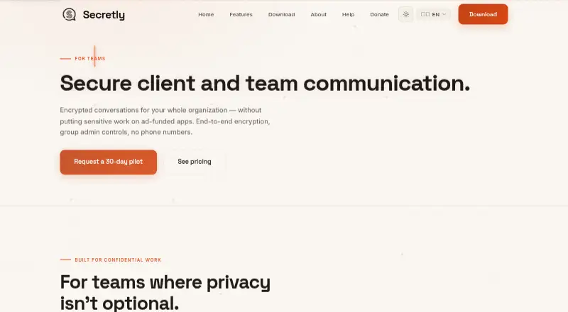 The Secretly for Teams homepage