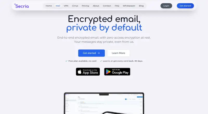 The Secria Mail homepage