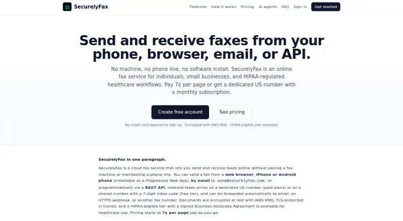 The SecurelyFax homepage