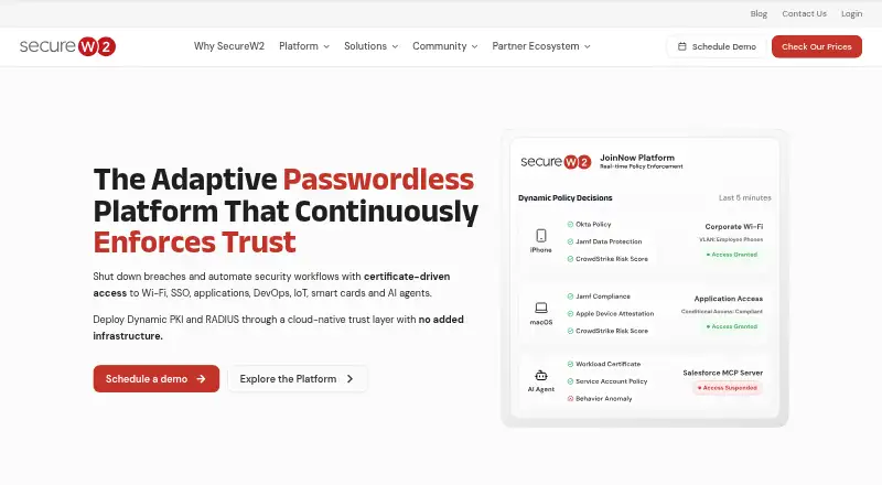 The SecureW2 JoinNow homepage