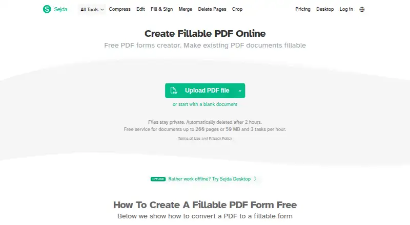 The Sejda PDF Forms homepage