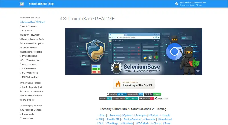 The SeleniumBase homepage