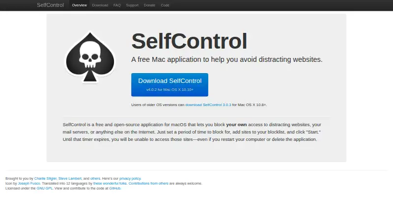 The SelfControl homepage