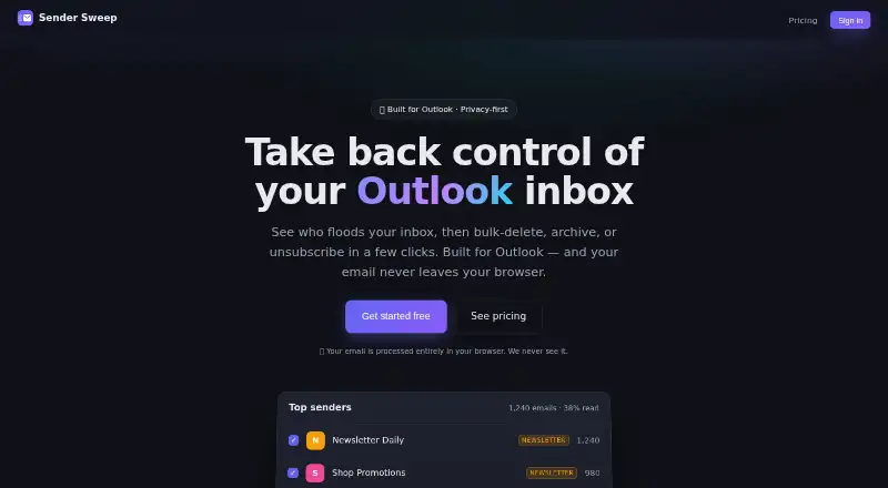 The Sender Sweep homepage