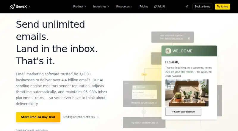 The SendX homepage