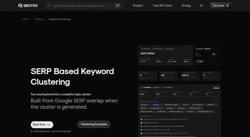 The Seonio Keyword Clustering homepage