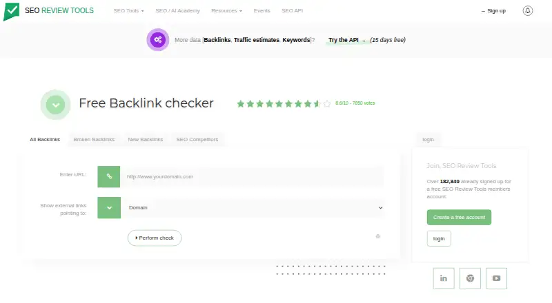The SEO Review Tools Backlink Checker homepage