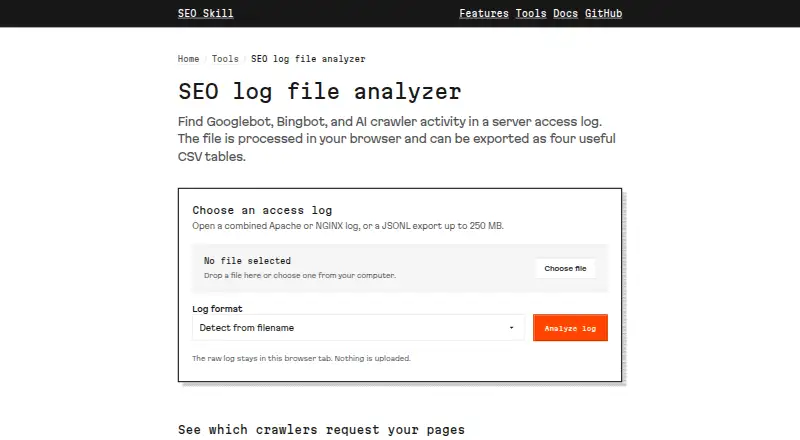 The SEO Skill Server Log Analyzer homepage