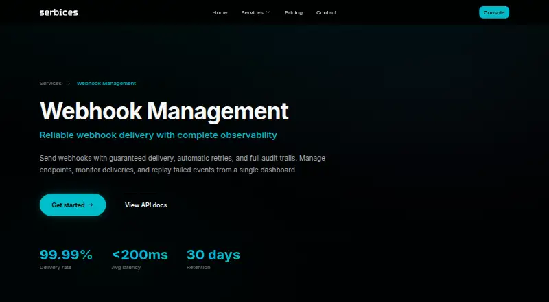 The Webhook Management homepage