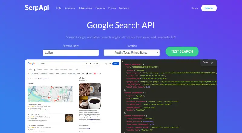 The SerpApi homepage