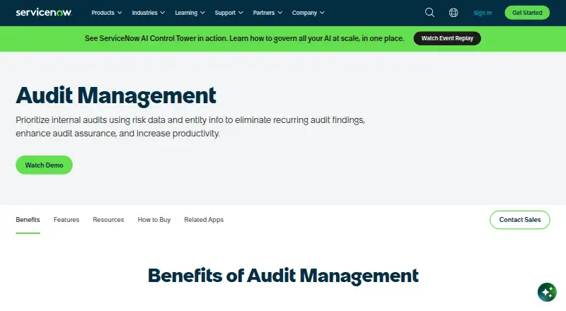 The ServiceNow Audit Management homepage