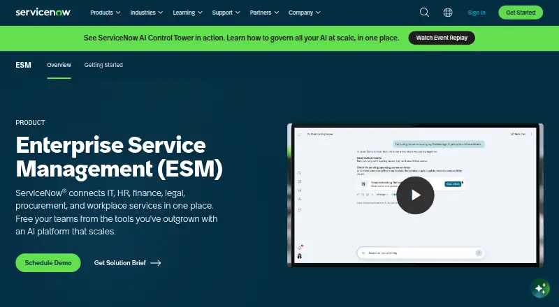 The ServiceNow Enterprise Service Management homepage