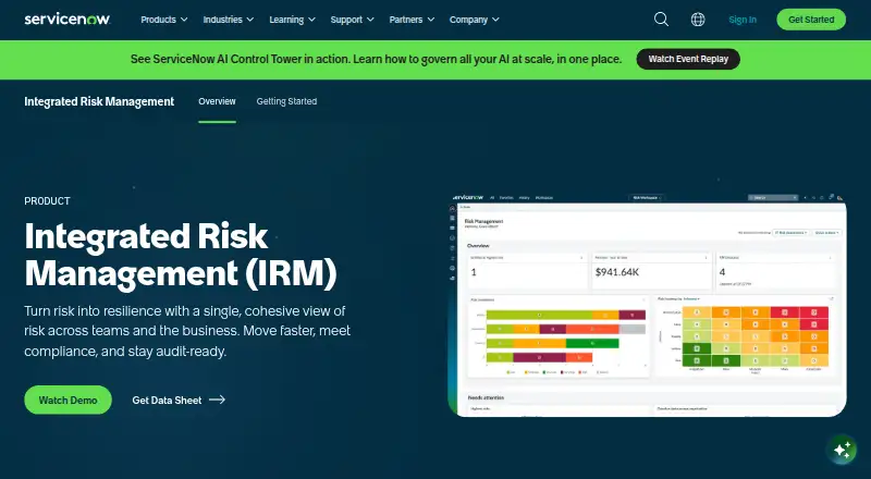 The ServiceNow Integrated Risk Management homepage