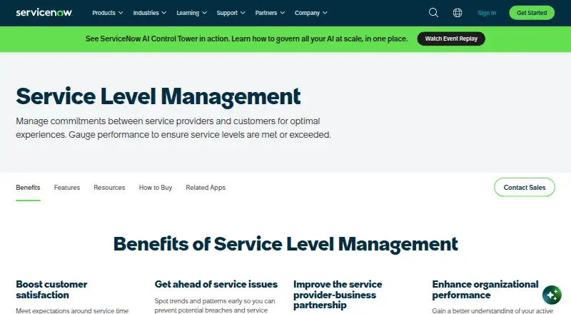 The ServiceNow Service Level Management homepage