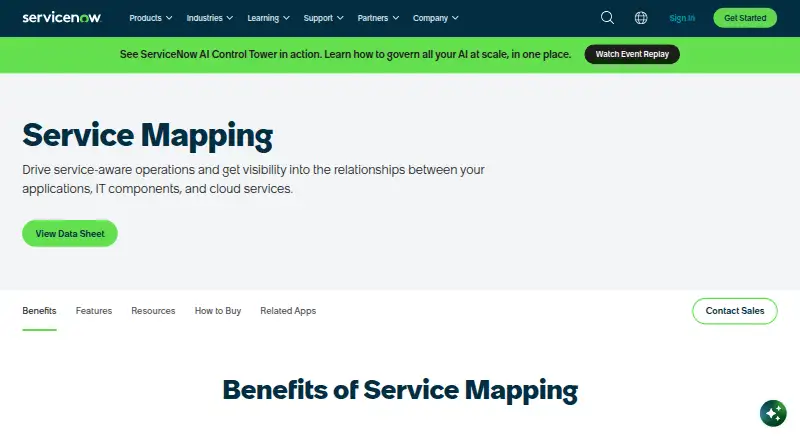 The ServiceNow Service Mapping homepage