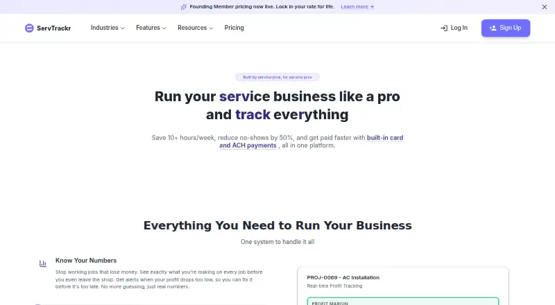 The ServTrackr homepage