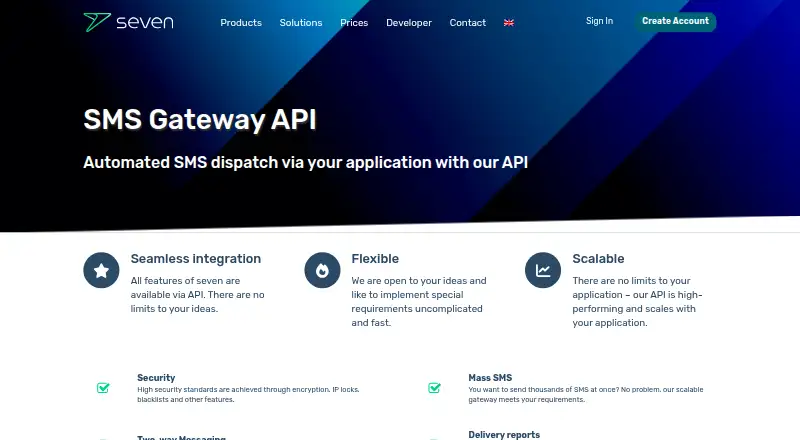 The seven SMS Gateway API homepage