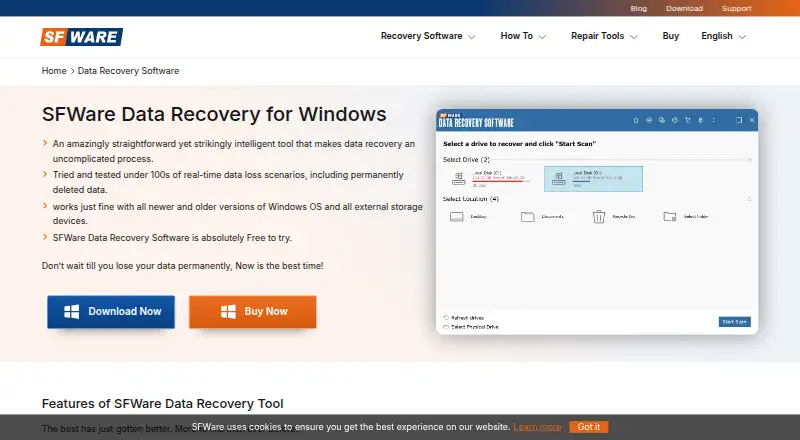The SFWare Data Recovery homepage