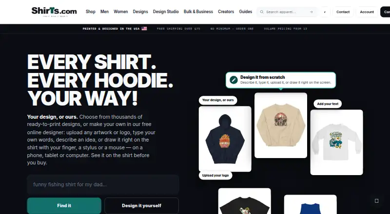 The shirts.com homepage