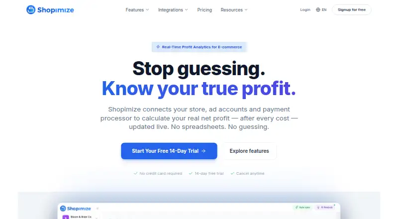 The Shopimize homepage