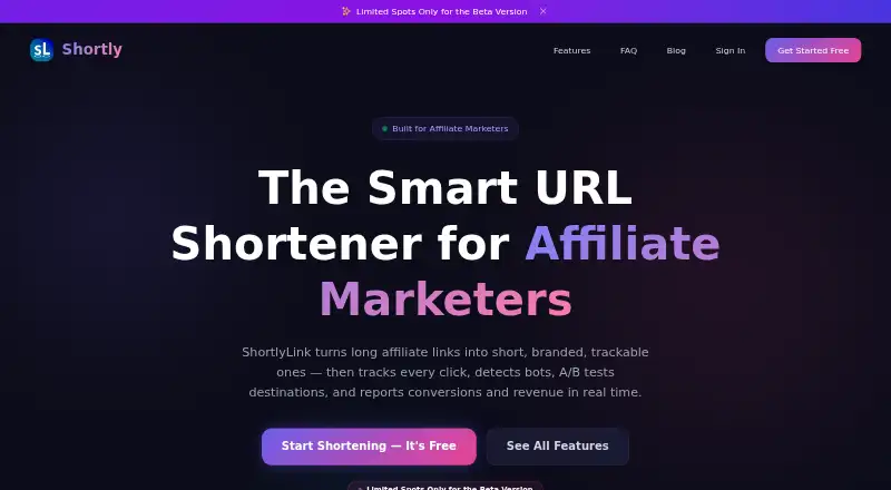 The ShortlyLink homepage