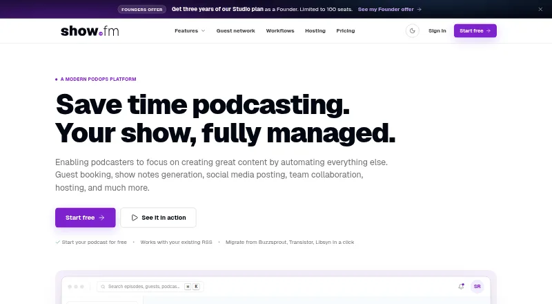 The show.fm homepage