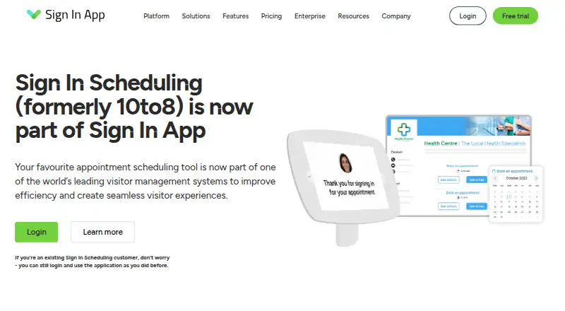 The Sign In Scheduling homepage
