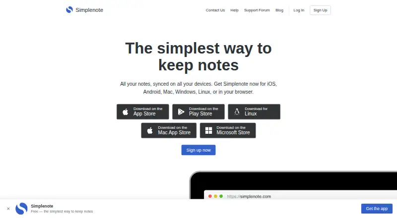 The Simplenote homepage