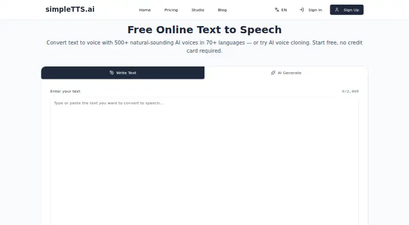 The simpleTTS.ai homepage