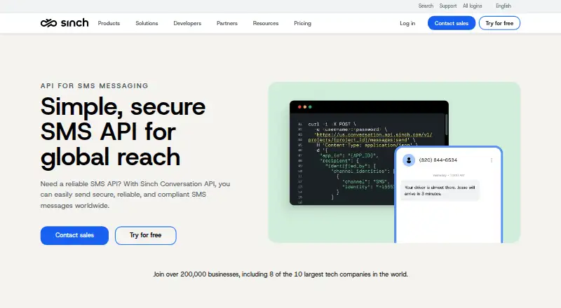 The Sinch SMS API homepage